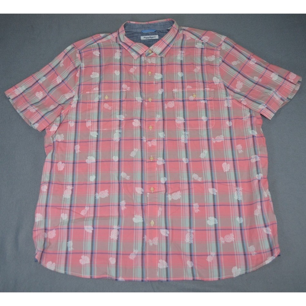 Tommy Bahama Marco Island Palms Camp Shirt Men's Size 3XL Tropical Pink Plaid